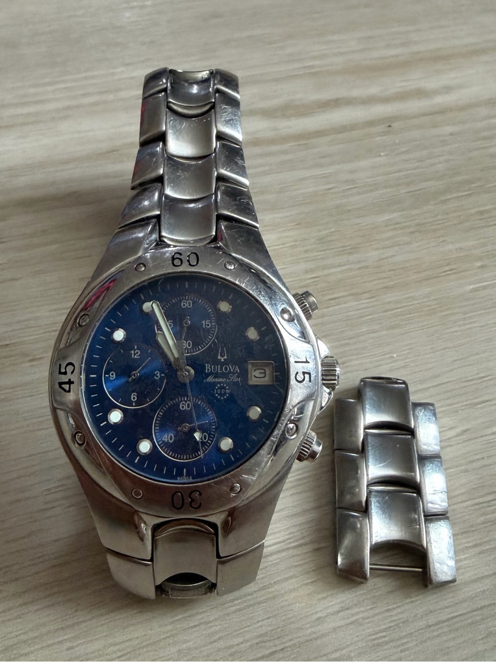 2002 Bulova 96B64 Marine Star Blue DialChronograph Date 100m 38mm